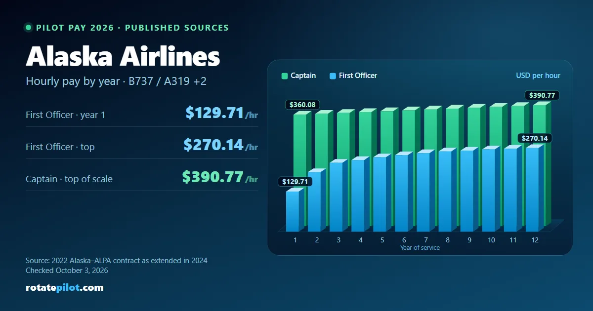 Alaska Airlines pilot pay 2026: First Officer and Captain hourly rates by year of service, from the 2022 Alaska–ALPA contract as extended in 2024