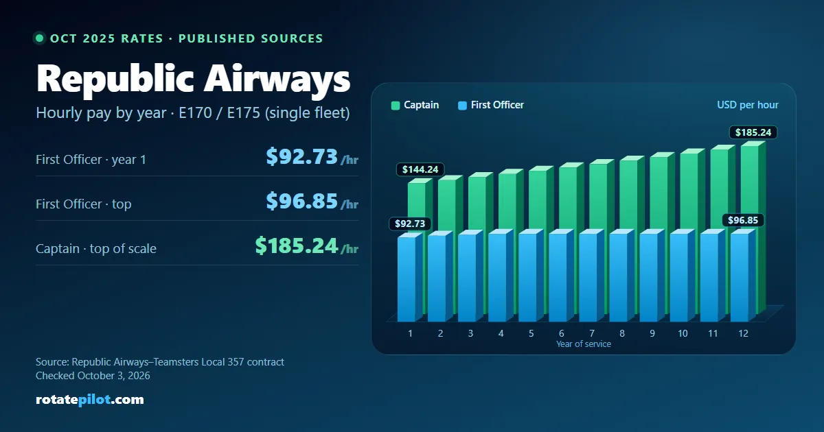 Republic Airways pilot pay 2026: First Officer and Captain hourly rates by year of service, from the Republic Airways–Teamsters Local 357 contract