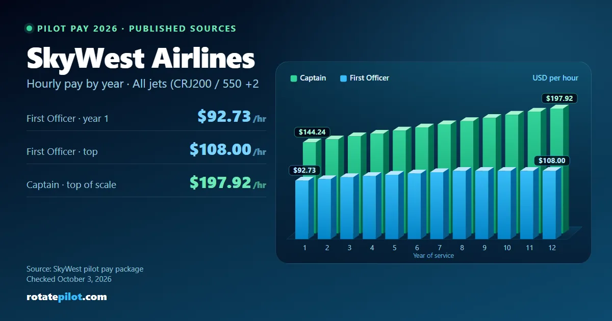 SkyWest Airlines pilot pay 2026: First Officer and Captain hourly rates by year of service, from the SkyWest pilot pay package