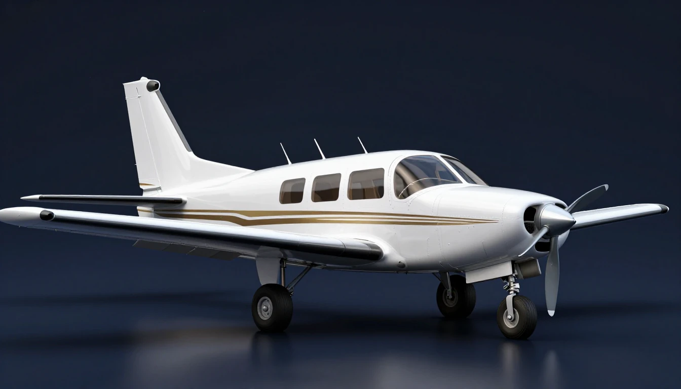 3D illustration of a white straight-tail Beechcraft Bonanza A36 with gold and brown stripes: low wing, three side windows and tricycle landing gear extended