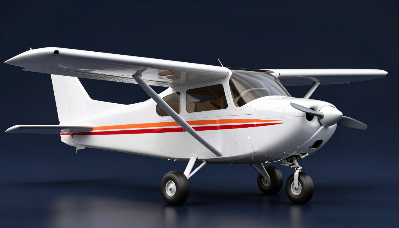 3D illustration of a small white two-seat Cessna 152 with red and orange stripes: high wing with one strut per side, fixed tricycle landing gear and a two-blade propeller