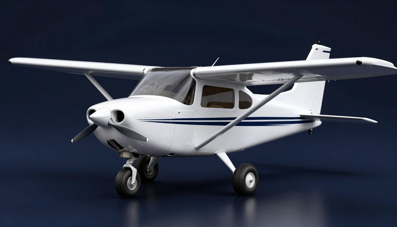 3D illustration of a white Cessna 172 Skyhawk with blue stripes: high wing with one strut per side, fixed tricycle landing gear and a two-blade propeller