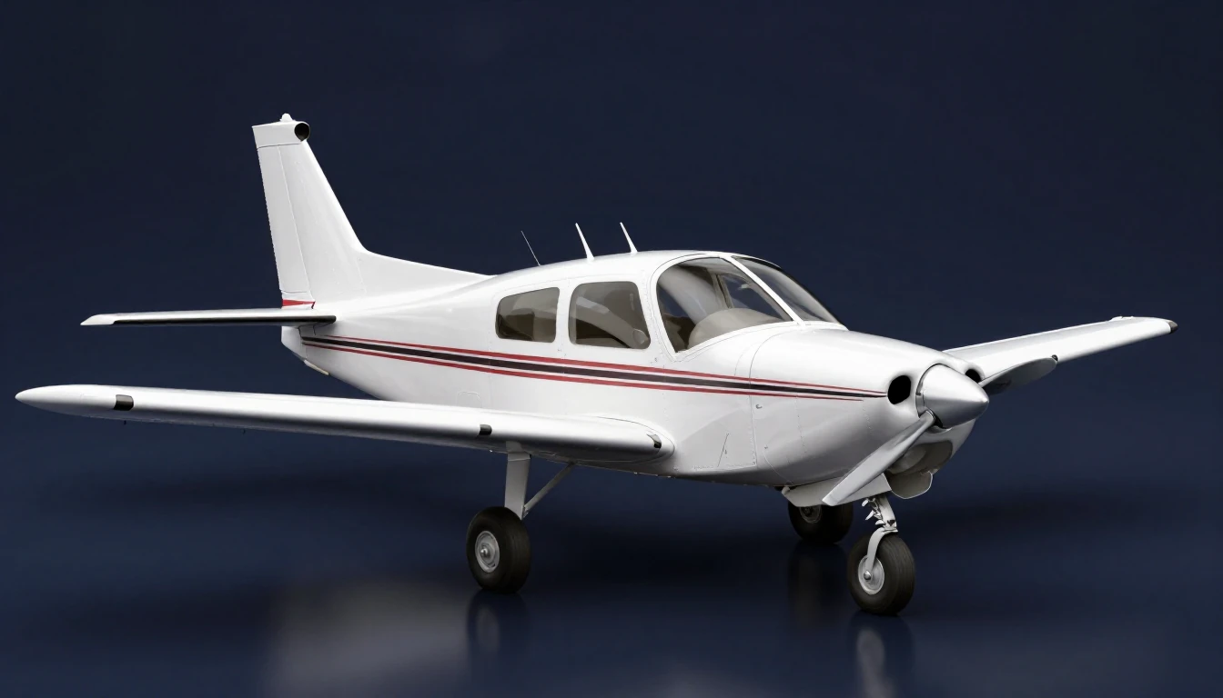 3D illustration of a white Piper PA-28 Cherokee with red stripes: low wing with no struts, fixed tricycle landing gear and a two-blade propeller